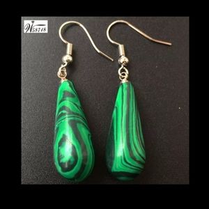 Sterling Silver 925 and genuine Malachite tear drop boho earrings new